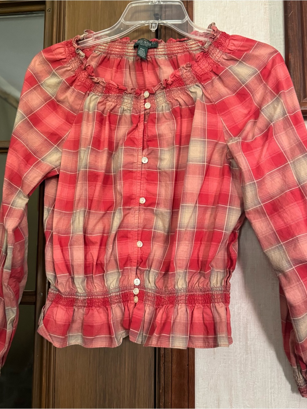 Lauren Ralph Lauren Coral and Cream Plaid Smocked Button Tank